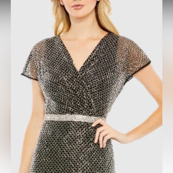 Mac Duggal Beaded Wrap V-Neck Full Length Dress 93787 Black Silver Sz 12* - Picture 2 of 9